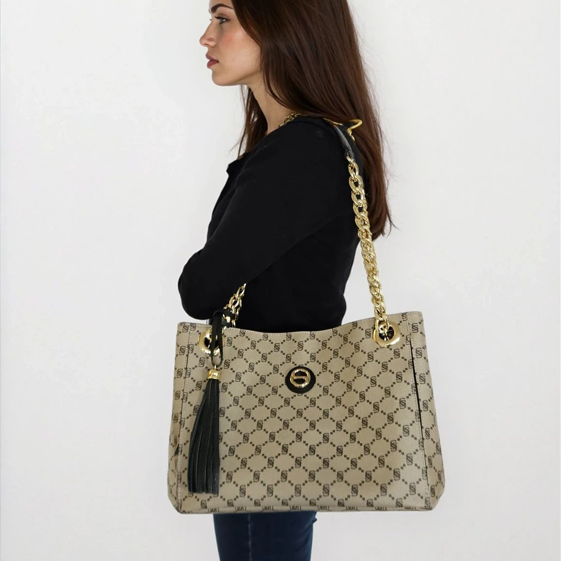 Shopper Monogram con catena gold e nappina - 2033